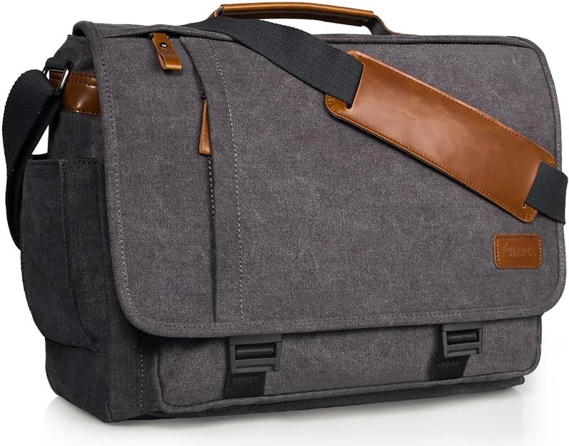 ESTARER Computer Messenger Bag 15-15.6 inch, Water-resistant Canvas Work Bag Briefcase, Laptop ShoulderSatchel with Buckles, Grey - Image 1